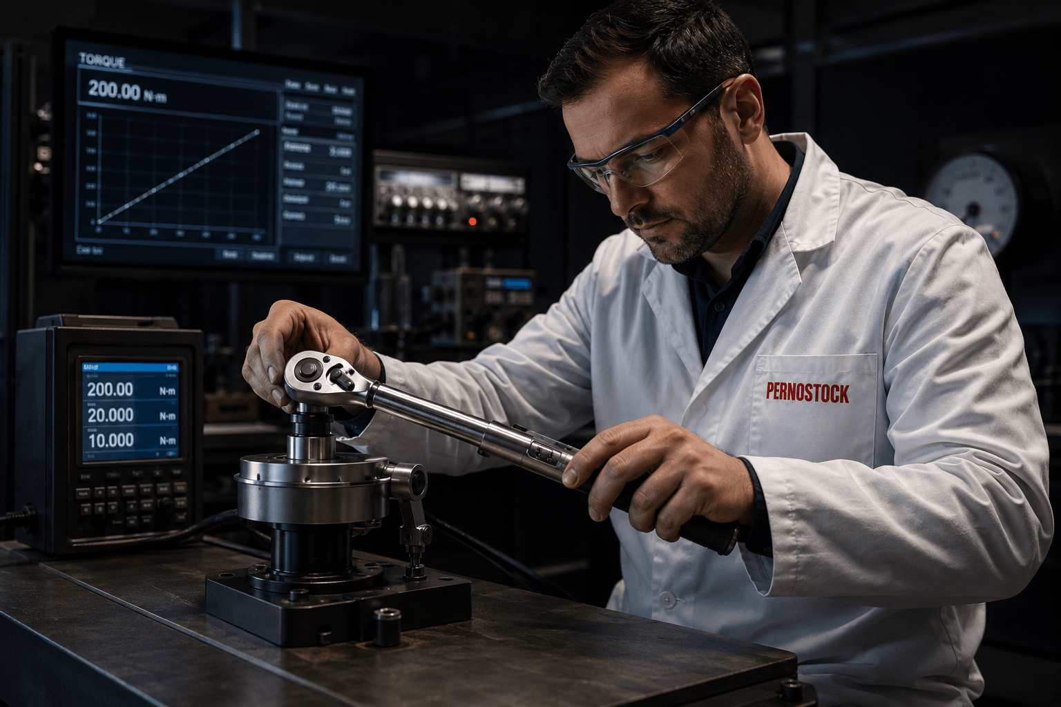 Técnico calibrando torquímetro en laboratorio acreditado ISO 6789