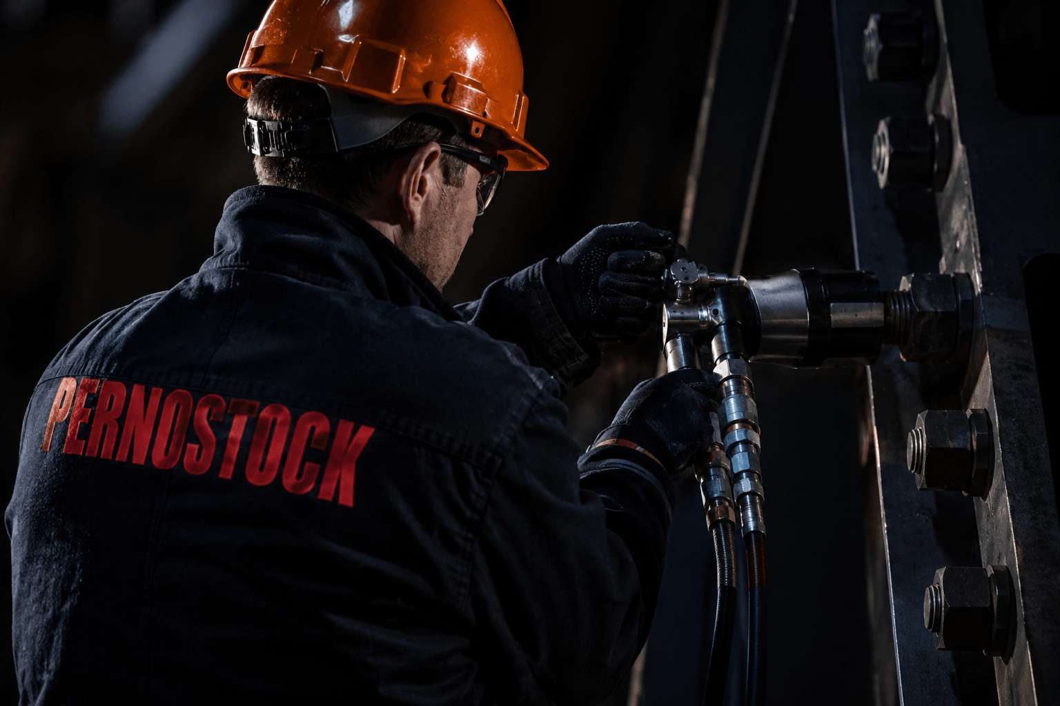 Técnico aplicando torquímetro hidráulico en conexión de acero estructural